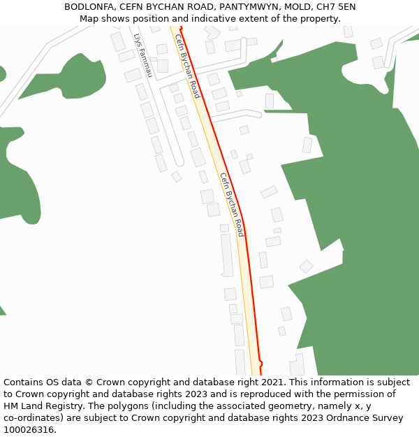 BODLONFA, CEFN BYCHAN ROAD, PANTYMWYN, MOLD, CH7 5EN: Location map and indicative extent of plot