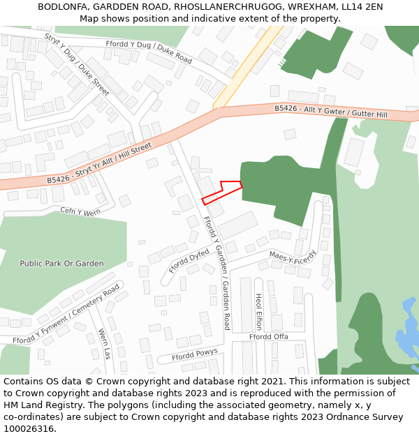 BODLONFA, GARDDEN ROAD, RHOSLLANERCHRUGOG, WREXHAM, LL14 2EN: Location map and indicative extent of plot