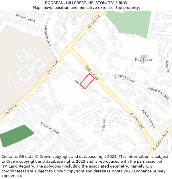 BODREAN, HILLCREST, HELSTON, TR13 8UW: Location map and indicative extent of plot