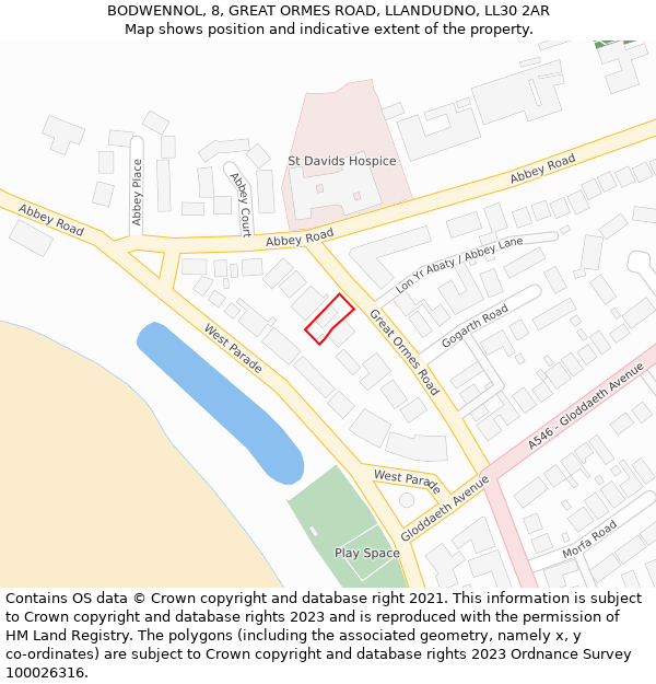 BODWENNOL, 8, GREAT ORMES ROAD, LLANDUDNO, LL30 2AR: Location map and indicative extent of plot