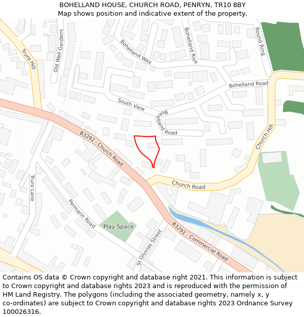 BOHELLAND HOUSE, CHURCH ROAD, PENRYN, TR10 8BY: Location map and indicative extent of plot