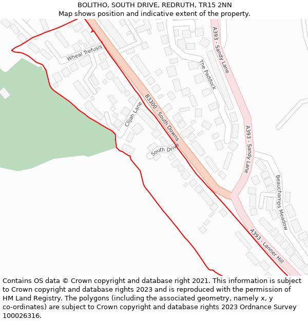 BOLITHO, SOUTH DRIVE, REDRUTH, TR15 2NN: Location map and indicative extent of plot