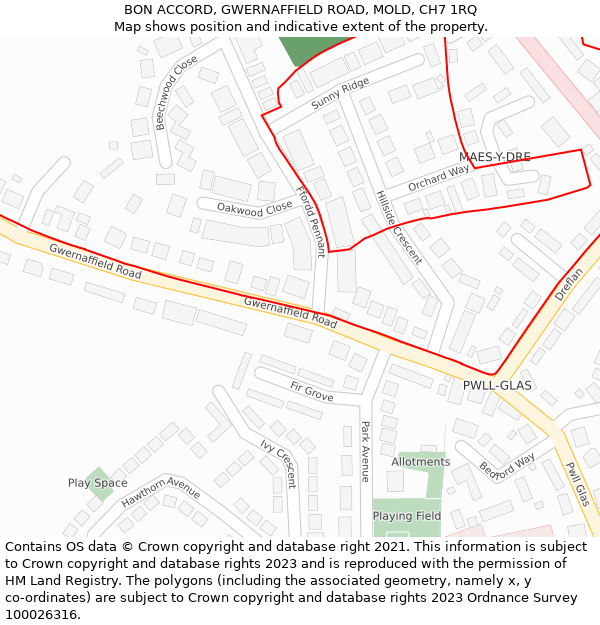 BON ACCORD, GWERNAFFIELD ROAD, MOLD, CH7 1RQ: Location map and indicative extent of plot