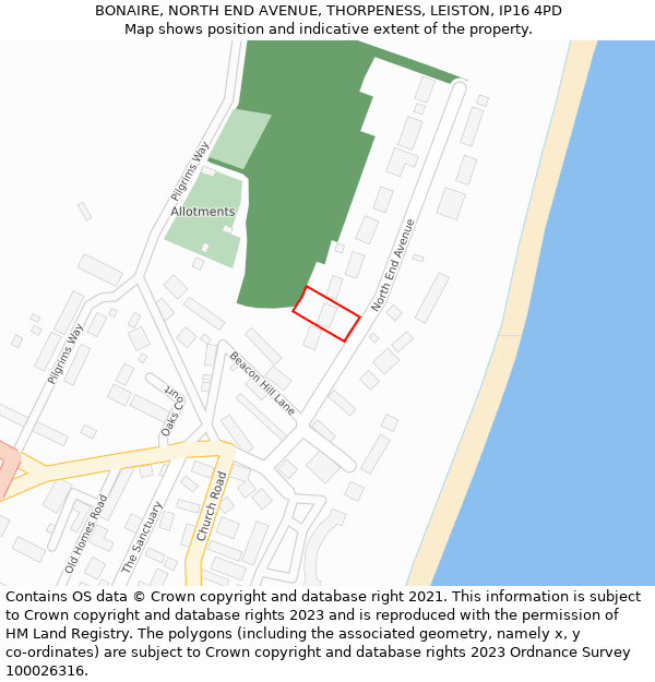 BONAIRE, NORTH END AVENUE, THORPENESS, LEISTON, IP16 4PD: Location map and indicative extent of plot