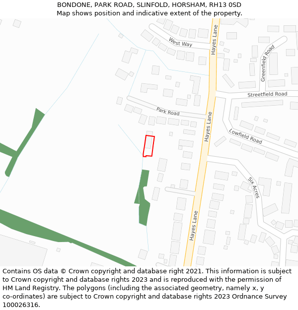 BONDONE, PARK ROAD, SLINFOLD, HORSHAM, RH13 0SD: Location map and indicative extent of plot