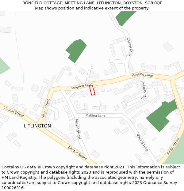 BONFIELD COTTAGE, MEETING LANE, LITLINGTON, ROYSTON, SG8 0QF: Location map and indicative extent of plot