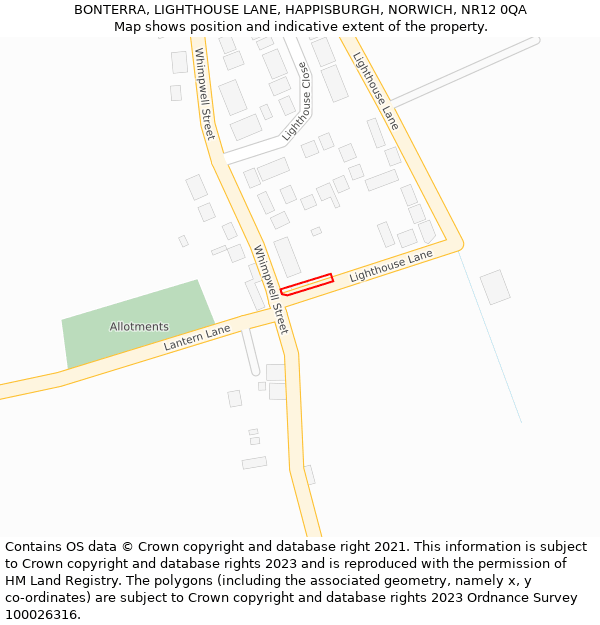 BONTERRA, LIGHTHOUSE LANE, HAPPISBURGH, NORWICH, NR12 0QA: Location map and indicative extent of plot