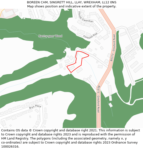 BOREEN CAM, SINGRETT HILL, LLAY, WREXHAM, LL12 0NS: Location map and indicative extent of plot