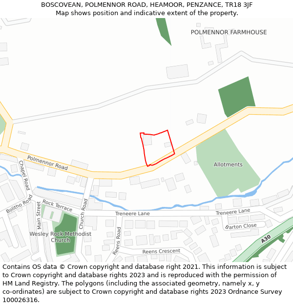 BOSCOVEAN, POLMENNOR ROAD, HEAMOOR, PENZANCE, TR18 3JF: Location map and indicative extent of plot