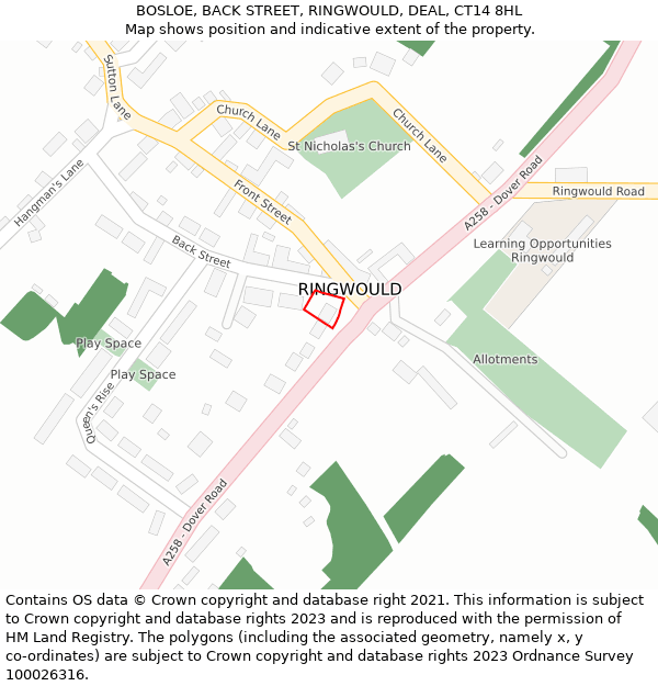 BOSLOE, BACK STREET, RINGWOULD, DEAL, CT14 8HL: Location map and indicative extent of plot