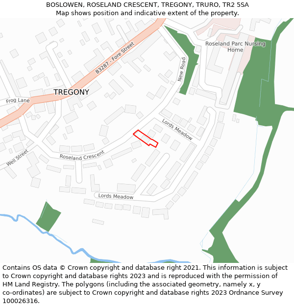 BOSLOWEN, ROSELAND CRESCENT, TREGONY, TRURO, TR2 5SA: Location map and indicative extent of plot