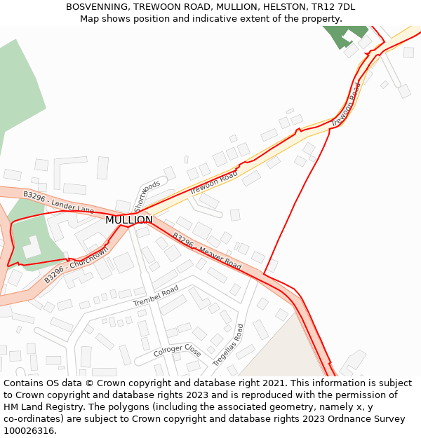 BOSVENNING, TREWOON ROAD, MULLION, HELSTON, TR12 7DL: Location map and indicative extent of plot