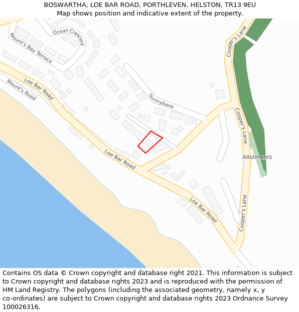 BOSWARTHA, LOE BAR ROAD, PORTHLEVEN, HELSTON, TR13 9EU: Location map and indicative extent of plot