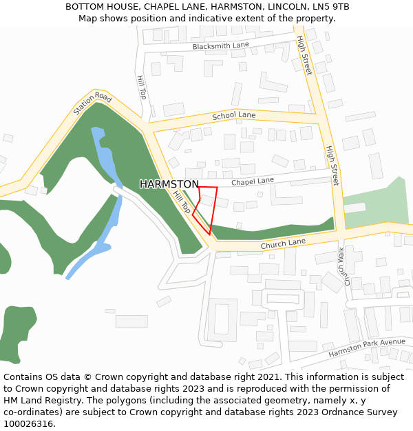 BOTTOM HOUSE, CHAPEL LANE, HARMSTON, LINCOLN, LN5 9TB: Location map and indicative extent of plot