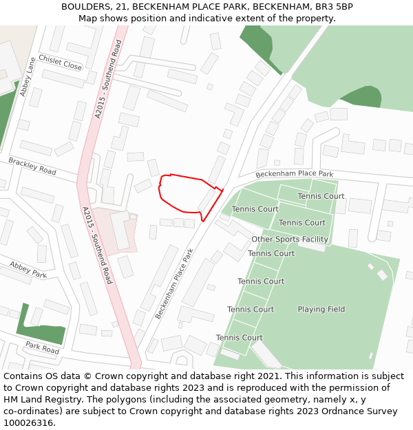 BOULDERS, 21, BECKENHAM PLACE PARK, BECKENHAM, BR3 5BP: Location map and indicative extent of plot