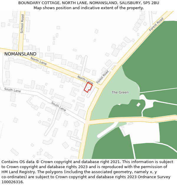 BOUNDARY COTTAGE, NORTH LANE, NOMANSLAND, SALISBURY, SP5 2BU: Location map and indicative extent of plot