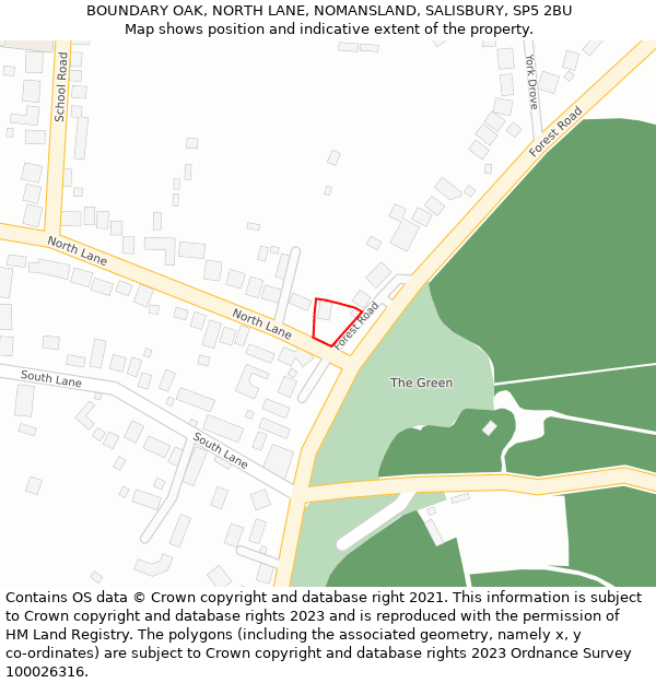 BOUNDARY OAK, NORTH LANE, NOMANSLAND, SALISBURY, SP5 2BU: Location map and indicative extent of plot