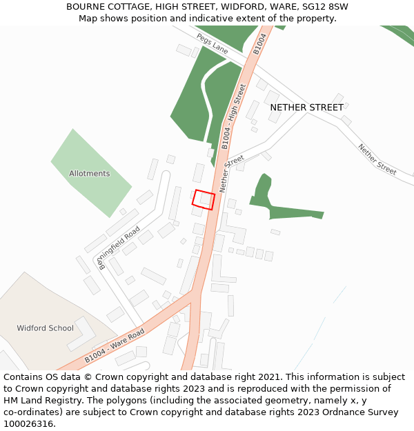 BOURNE COTTAGE, HIGH STREET, WIDFORD, WARE, SG12 8SW: Location map and indicative extent of plot