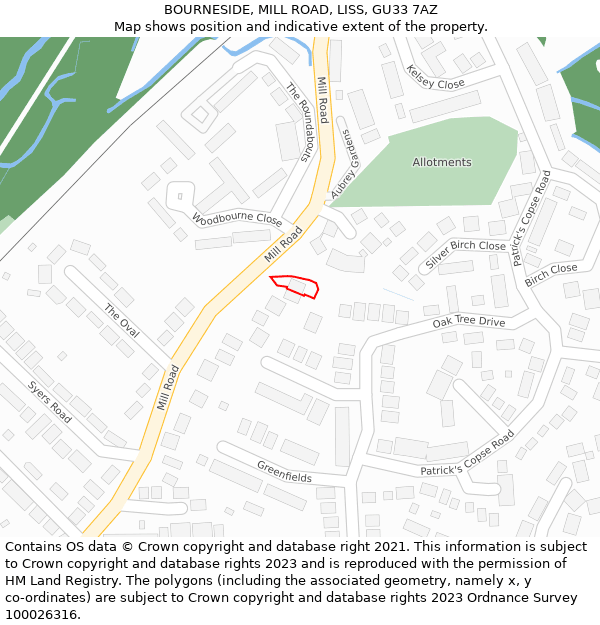 BOURNESIDE, MILL ROAD, LISS, GU33 7AZ: Location map and indicative extent of plot