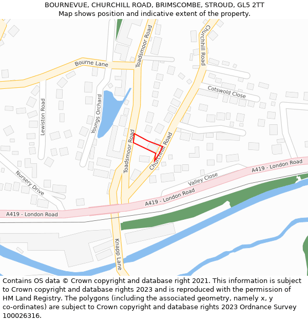 BOURNEVUE, CHURCHILL ROAD, BRIMSCOMBE, STROUD, GL5 2TT: Location map and indicative extent of plot