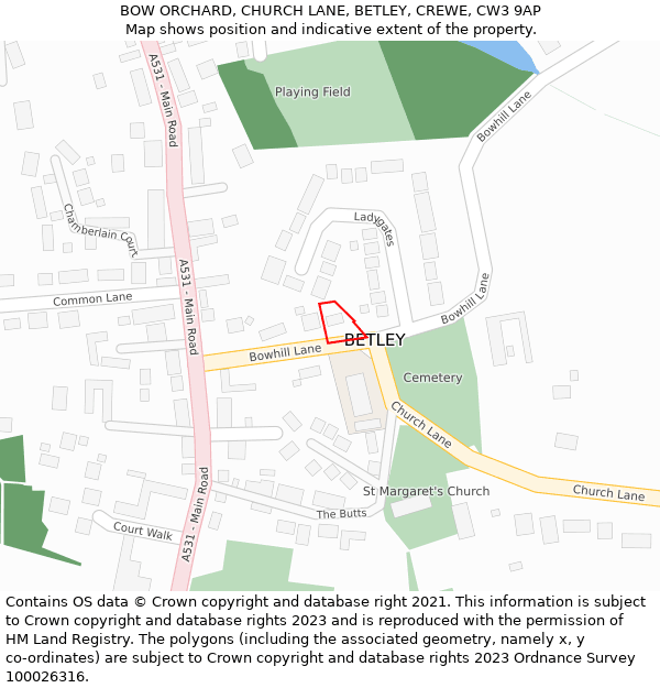 BOW ORCHARD, CHURCH LANE, BETLEY, CREWE, CW3 9AP: Location map and indicative extent of plot