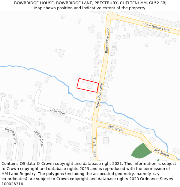 BOWBRIDGE HOUSE, BOWBRIDGE LANE, PRESTBURY, CHELTENHAM, GL52 3BJ: Location map and indicative extent of plot