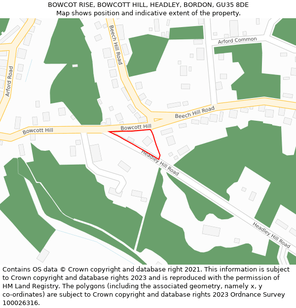 BOWCOT RISE, BOWCOTT HILL, HEADLEY, BORDON, GU35 8DE: Location map and indicative extent of plot