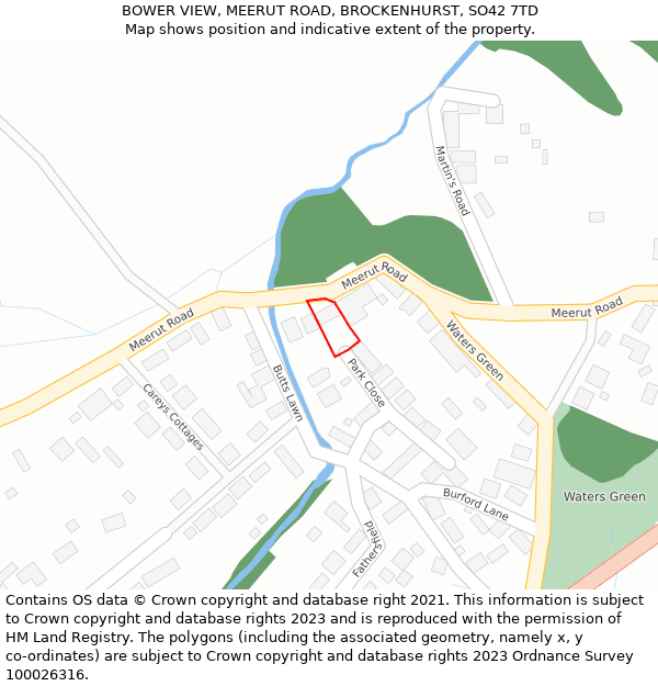 BOWER VIEW, MEERUT ROAD, BROCKENHURST, SO42 7TD: Location map and indicative extent of plot