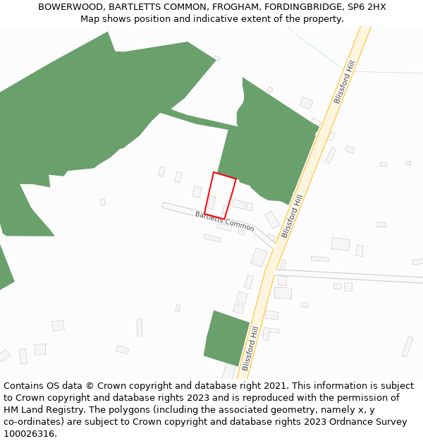 BOWERWOOD, BARTLETTS COMMON, FROGHAM, FORDINGBRIDGE, SP6 2HX: Location map and indicative extent of plot