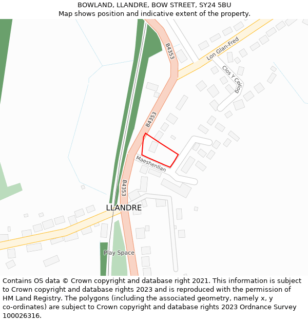 BOWLAND, LLANDRE, BOW STREET, SY24 5BU: Location map and indicative extent of plot