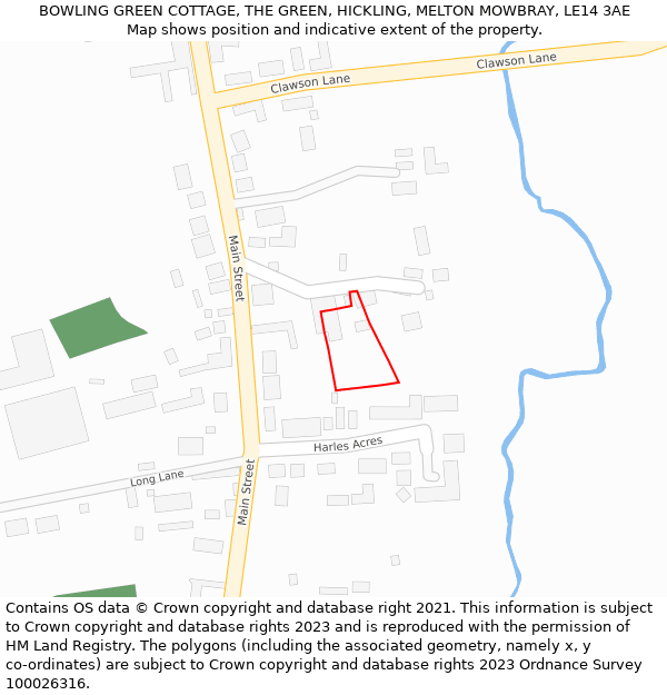 BOWLING GREEN COTTAGE, THE GREEN, HICKLING, MELTON MOWBRAY, LE14 3AE: Location map and indicative extent of plot