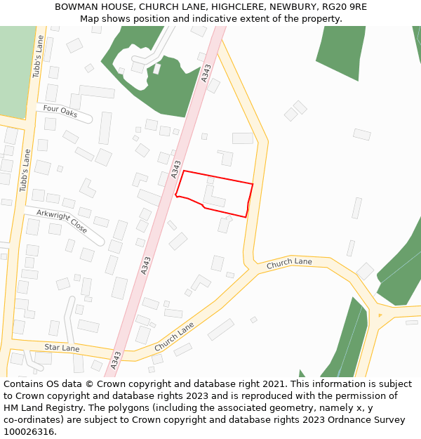 BOWMAN HOUSE, CHURCH LANE, HIGHCLERE, NEWBURY, RG20 9RE: Location map and indicative extent of plot