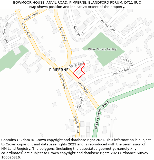 BOWMOOR HOUSE, ANVIL ROAD, PIMPERNE, BLANDFORD FORUM, DT11 8UQ: Location map and indicative extent of plot