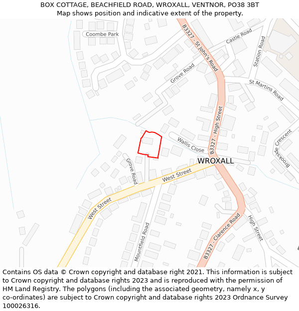 BOX COTTAGE, BEACHFIELD ROAD, WROXALL, VENTNOR, PO38 3BT: Location map and indicative extent of plot