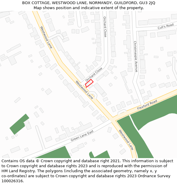 BOX COTTAGE, WESTWOOD LANE, NORMANDY, GUILDFORD, GU3 2JQ: Location map and indicative extent of plot