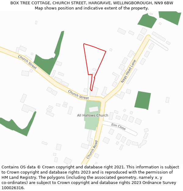 BOX TREE COTTAGE, CHURCH STREET, HARGRAVE, WELLINGBOROUGH, NN9 6BW: Location map and indicative extent of plot