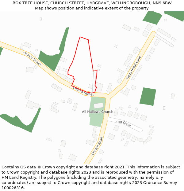 BOX TREE HOUSE, CHURCH STREET, HARGRAVE, WELLINGBOROUGH, NN9 6BW: Location map and indicative extent of plot