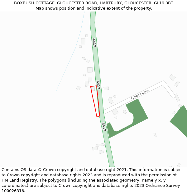 BOXBUSH COTTAGE, GLOUCESTER ROAD, HARTPURY, GLOUCESTER, GL19 3BT: Location map and indicative extent of plot