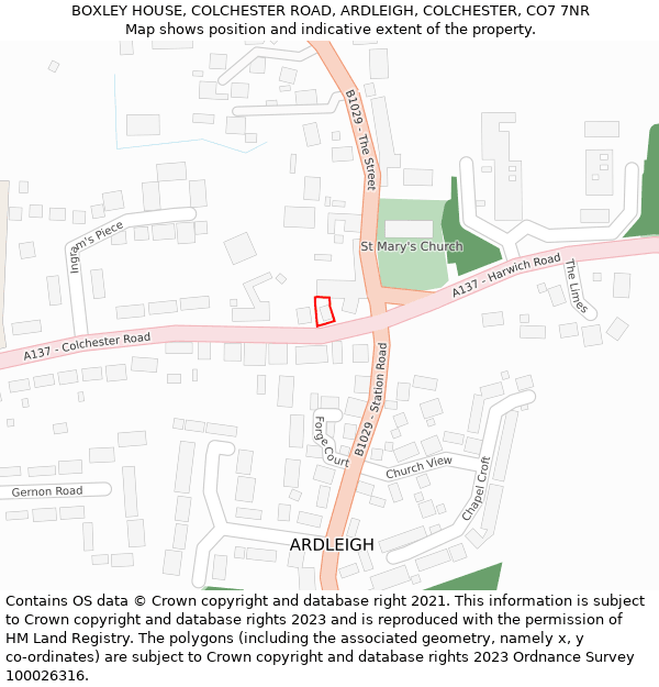 BOXLEY HOUSE, COLCHESTER ROAD, ARDLEIGH, COLCHESTER, CO7 7NR: Location map and indicative extent of plot