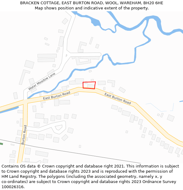 BRACKEN COTTAGE, EAST BURTON ROAD, WOOL, WAREHAM, BH20 6HE: Location map and indicative extent of plot