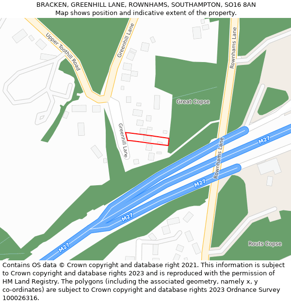 BRACKEN, GREENHILL LANE, ROWNHAMS, SOUTHAMPTON, SO16 8AN: Location map and indicative extent of plot