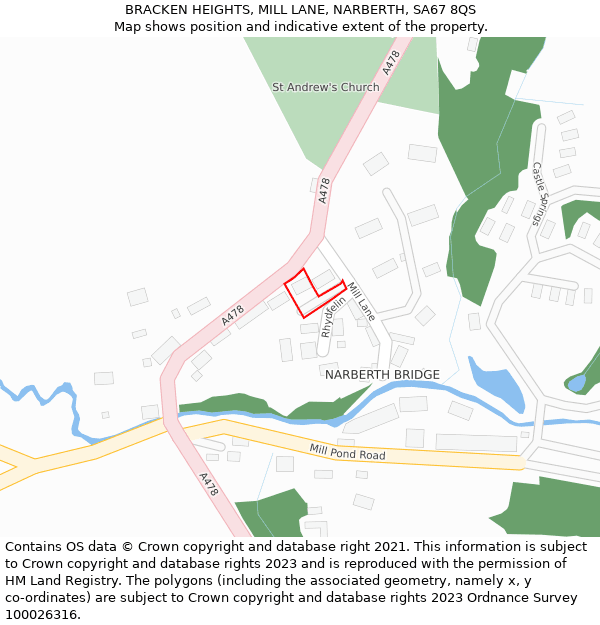 BRACKEN HEIGHTS, MILL LANE, NARBERTH, SA67 8QS: Location map and indicative extent of plot