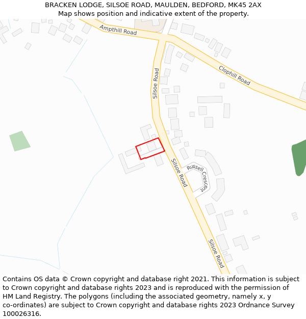 BRACKEN LODGE, SILSOE ROAD, MAULDEN, BEDFORD, MK45 2AX: Location map and indicative extent of plot