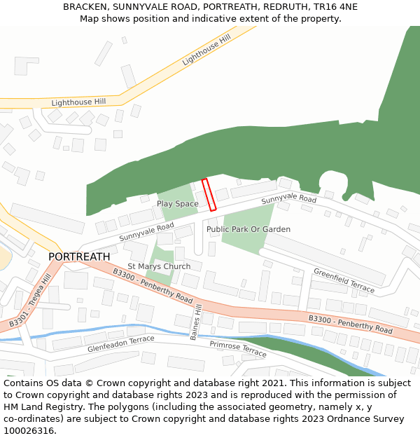 BRACKEN, SUNNYVALE ROAD, PORTREATH, REDRUTH, TR16 4NE: Location map and indicative extent of plot