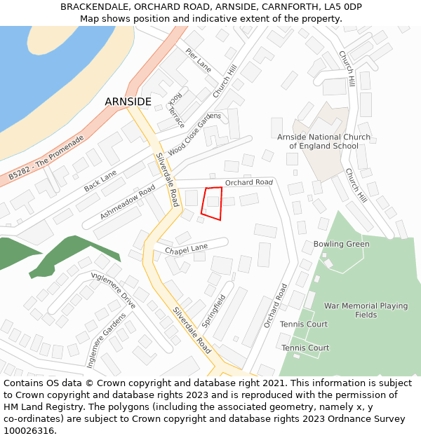 BRACKENDALE, ORCHARD ROAD, ARNSIDE, CARNFORTH, LA5 0DP: Location map and indicative extent of plot