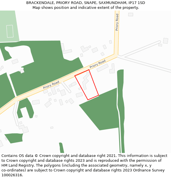 BRACKENDALE, PRIORY ROAD, SNAPE, SAXMUNDHAM, IP17 1SD: Location map and indicative extent of plot