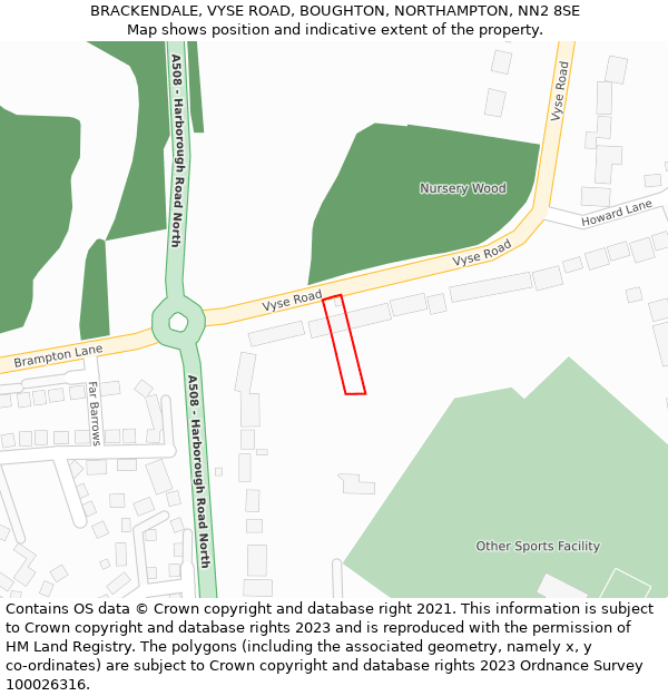 BRACKENDALE, VYSE ROAD, BOUGHTON, NORTHAMPTON, NN2 8SE: Location map and indicative extent of plot