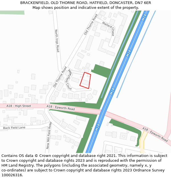 BRACKENFIELD, OLD THORNE ROAD, HATFIELD, DONCASTER, DN7 6ER: Location map and indicative extent of plot