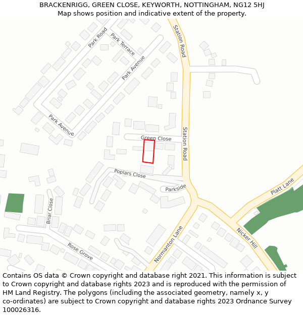 BRACKENRIGG, GREEN CLOSE, KEYWORTH, NOTTINGHAM, NG12 5HJ: Location map and indicative extent of plot