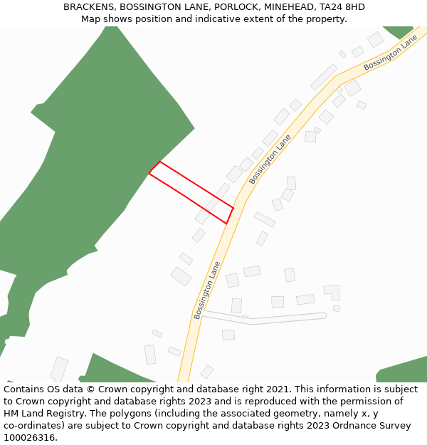 BRACKENS, BOSSINGTON LANE, PORLOCK, MINEHEAD, TA24 8HD: Location map and indicative extent of plot